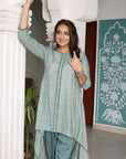 Gulmohar Grace - Pink and Green Kurta with Tulip Pant by Vastra by Monty