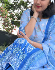 Blue floral print regular Kurta with trouser and dupatta by Vastra by Monty