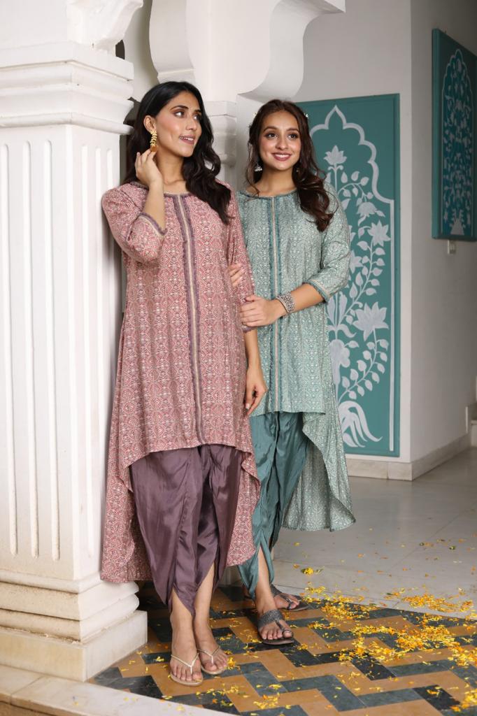 Gulmohar Grace - Pink and Green Kurta with Tulip Pant by Vastra by Monty