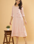 Lavender Breeze - Striped Cotton A-Line Dress by Vastra by Monty