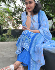 Blue floral print regular Kurta with trouser and dupatta by Vastra by Monty