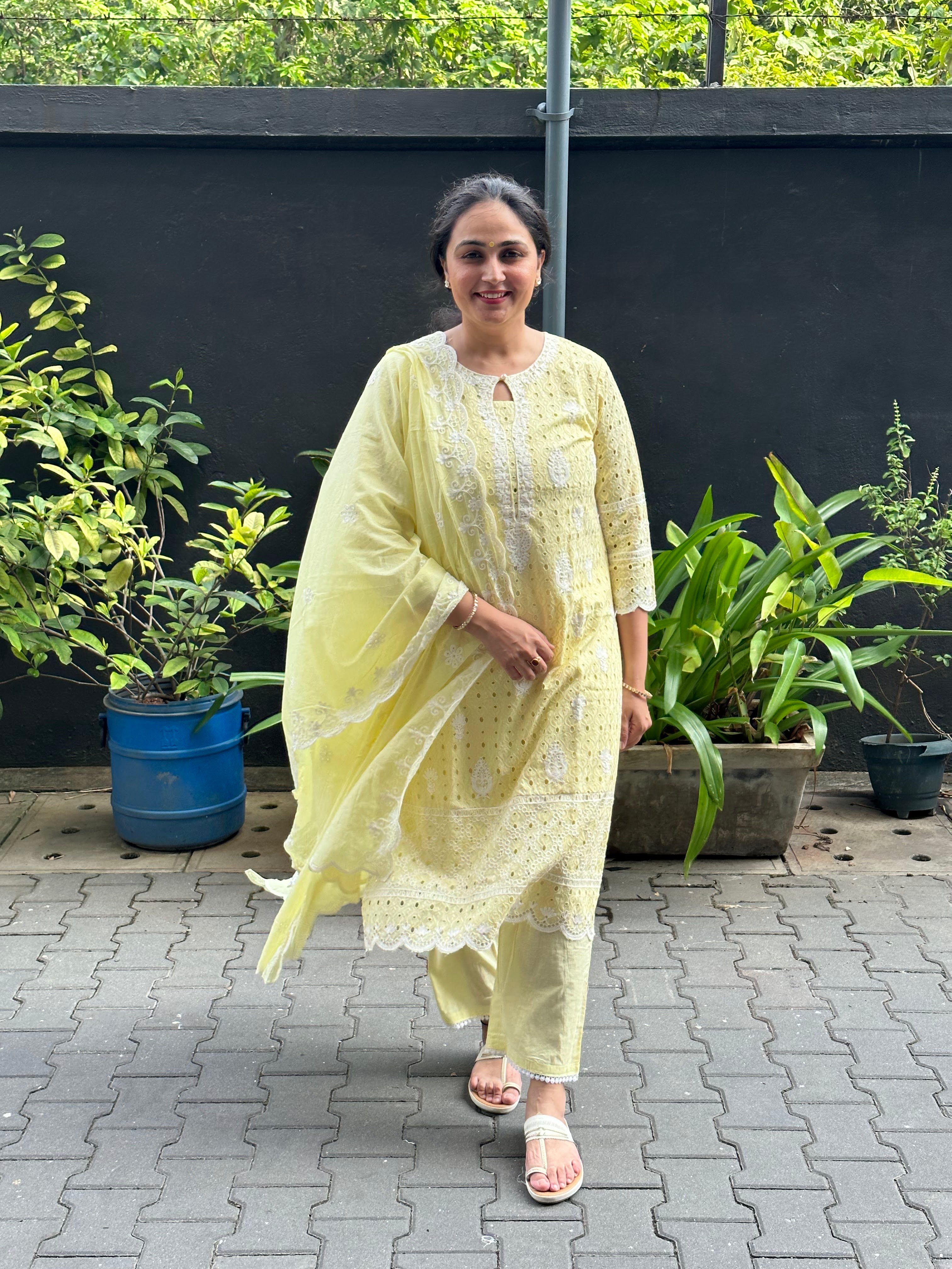 Sunny Chikankari Delight - Yellow Cotton Suit with Dupatta by Vastra by Monty