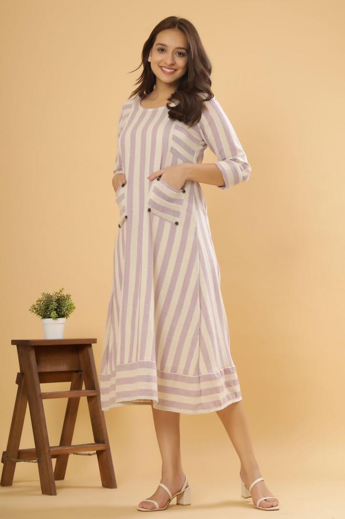 Lavender Breeze - Striped Cotton A-Line Dress by Vastra by Monty