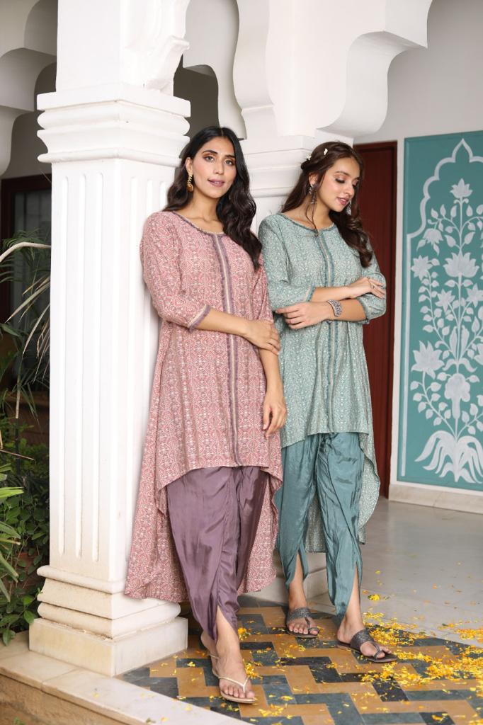 Gulmohar Grace - Pink and Green Kurta with Tulip Pant by Vastra by Monty