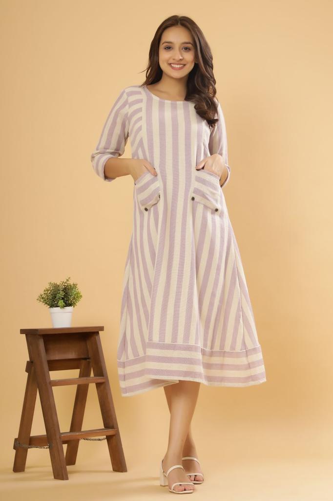 Lavender Breeze - Striped Cotton A-Line Dress by Vastra by Monty