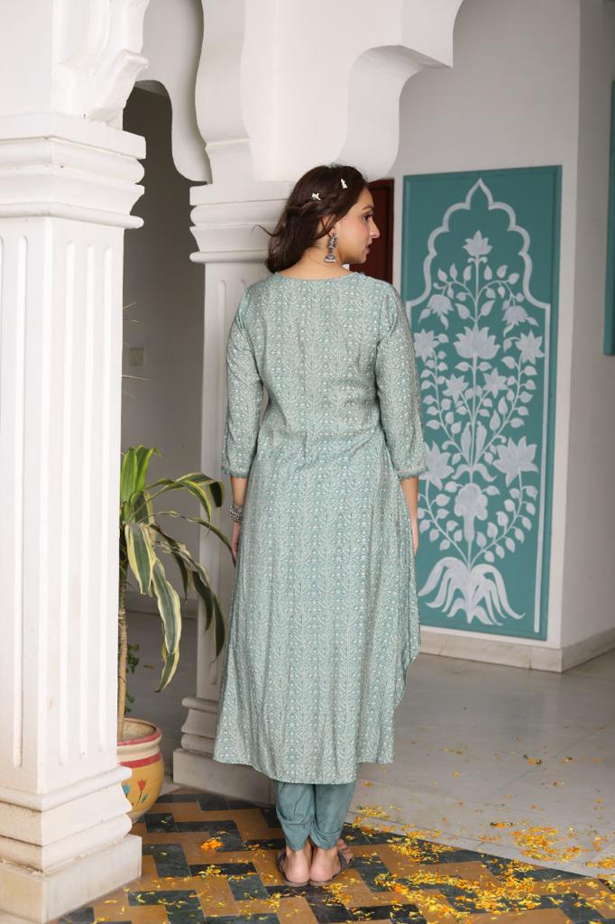 Gulmohar Grace - Pink and Green Kurta with Tulip Pant by Vastra by Monty