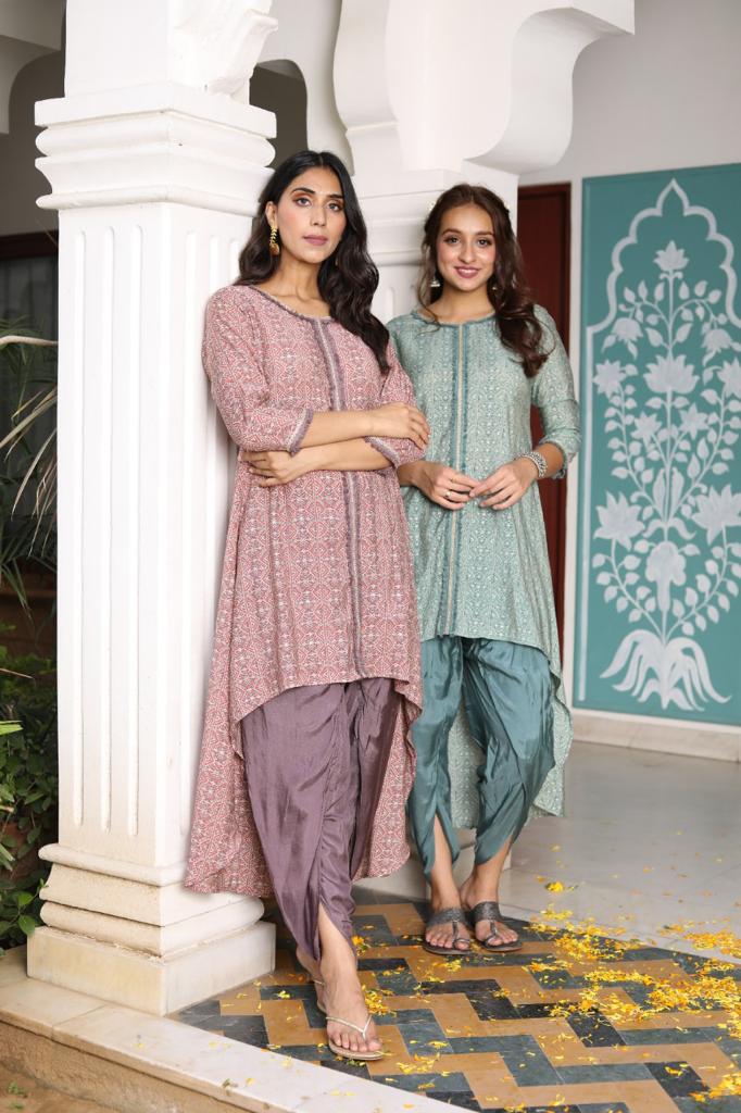 Gulmohar Grace - Pink and Green Kurta with Tulip Pant by Vastra by Monty